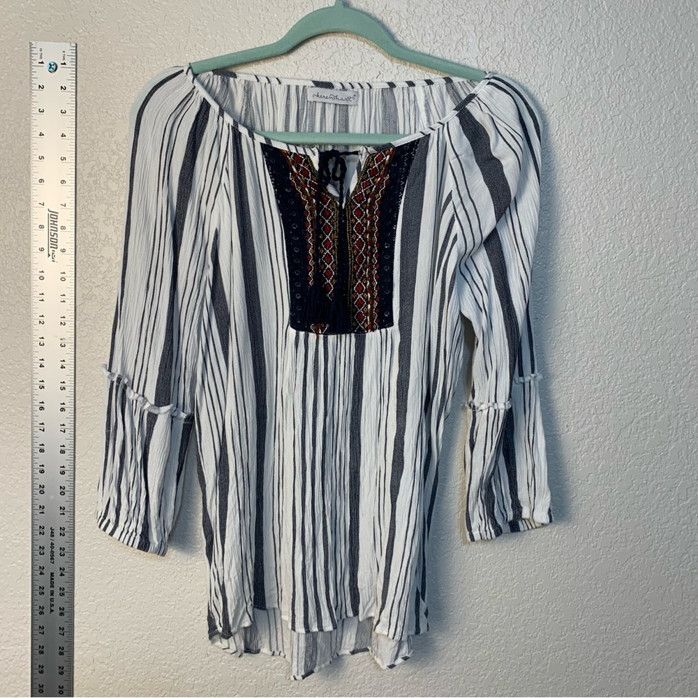 KEREN hart White and Blue long Sleeve with embroidered front Blouse